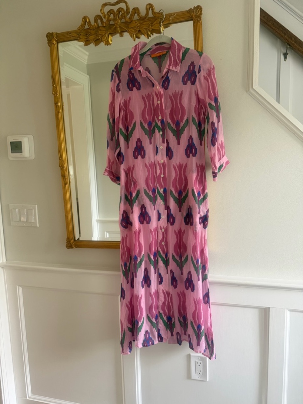 Oliphant Pink Floral Maxi Shirt Dress with Green and Purple Accents